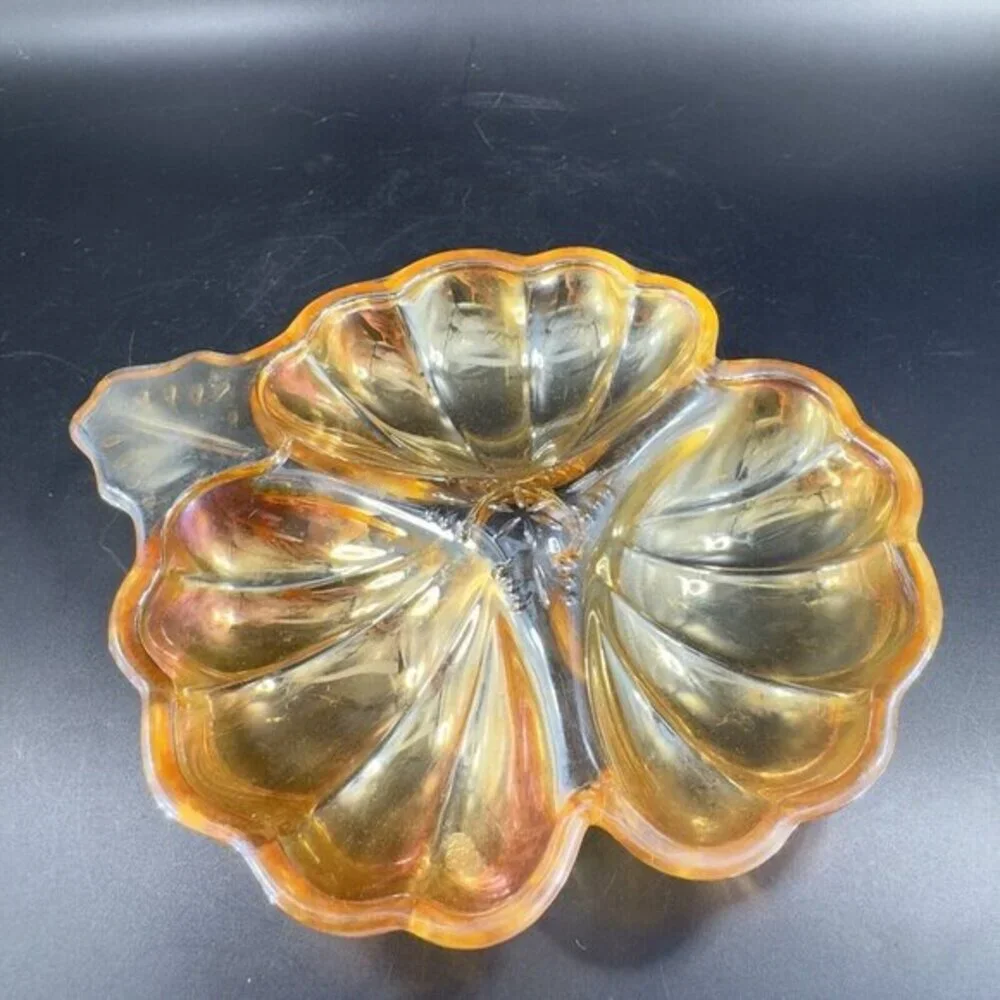Vintage Carnival Glass Shamrock Dish‎ Divided Relish Iridescent Finish Tray Dish